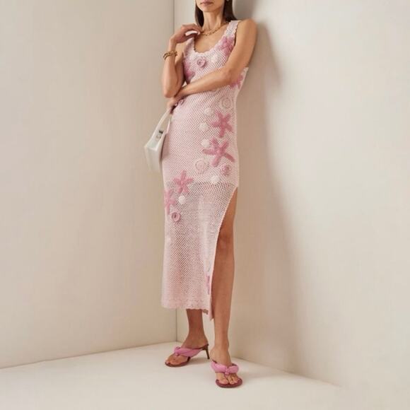 LoveShackFancy Shelburne Crochet Cotton Midi Dress Pink Floral EUC Medium - Picture 1 of 16